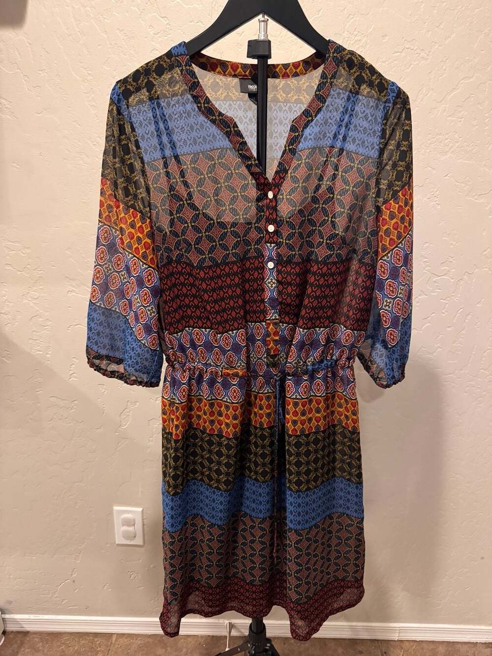 Mossimo Mixed Geometric Print Sheer Button-Front Dress with Drawstring Waist